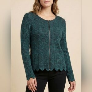 Vtg Teal Black Zip Up Knit Scallop Hemline Art Deco Style P2P 18-19